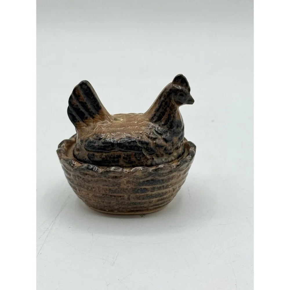 Vintage PWF Japan Mini 2.25” Ceramic Brown Black Drip Hen On The Nest